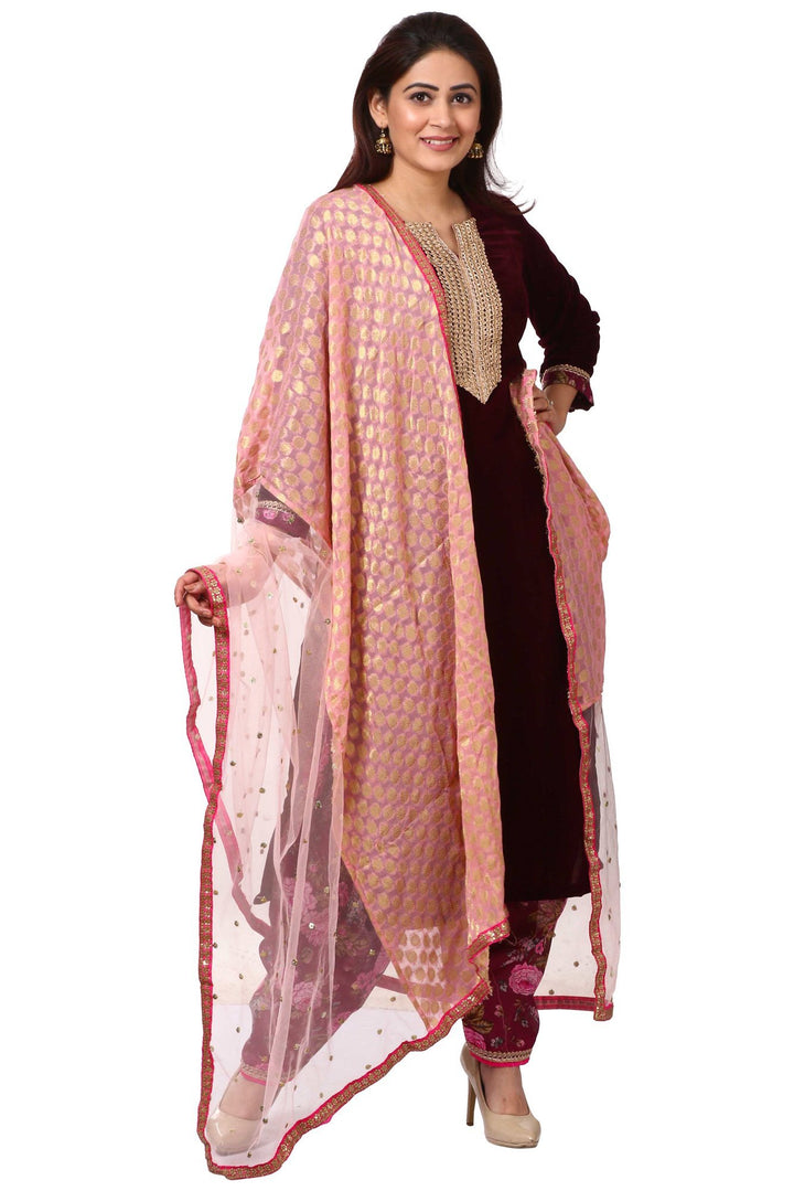 anokherang Combos Wine Purple Velvet Kurta with Floral Printed Salwar and Net & Banarsi Georgette Dupatta