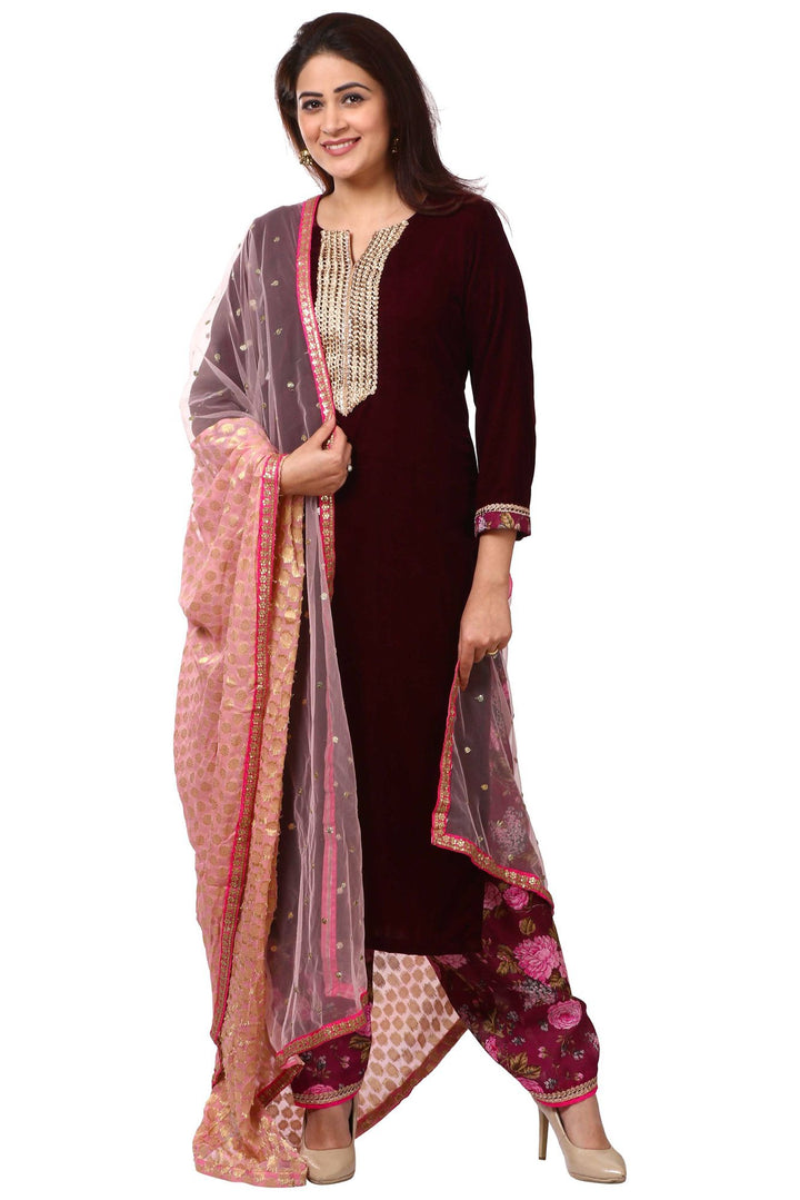 anokherang Combos Wine Purple Velvet Kurta with Floral Printed Salwar and Net & Banarsi Georgette Dupatta