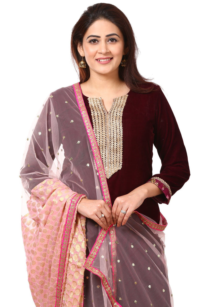 anokherang Combos Wine Purple Velvet Kurta with Floral Printed Salwar and Net & Banarsi Georgette Dupatta