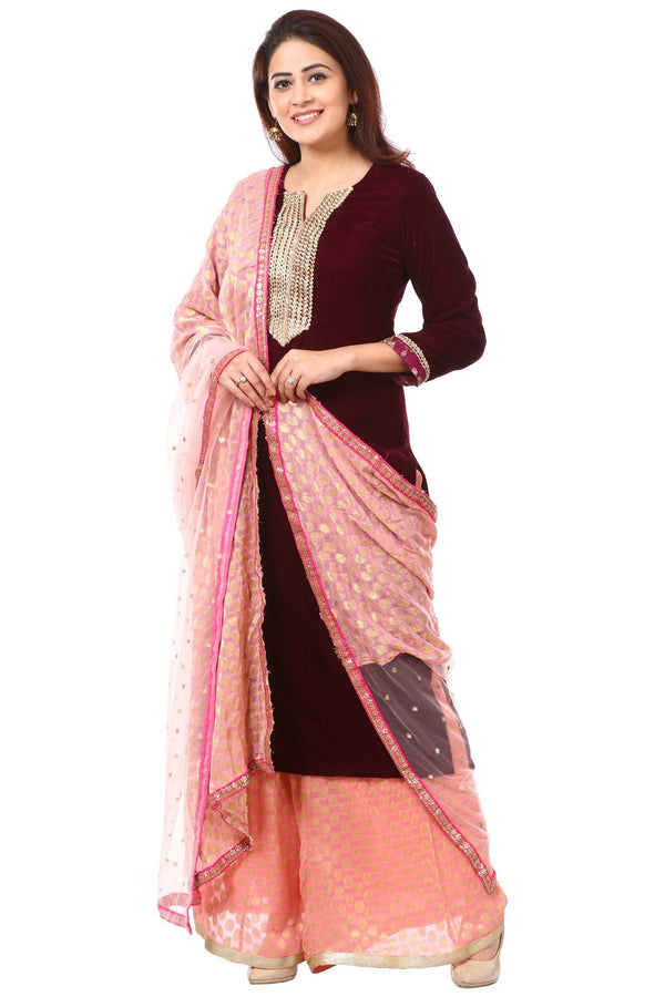 anokherang Combos Wine Purple Velvet Kurta with Pink Kalidar Palazzo and Net & Banarsi Georgette Dupatta