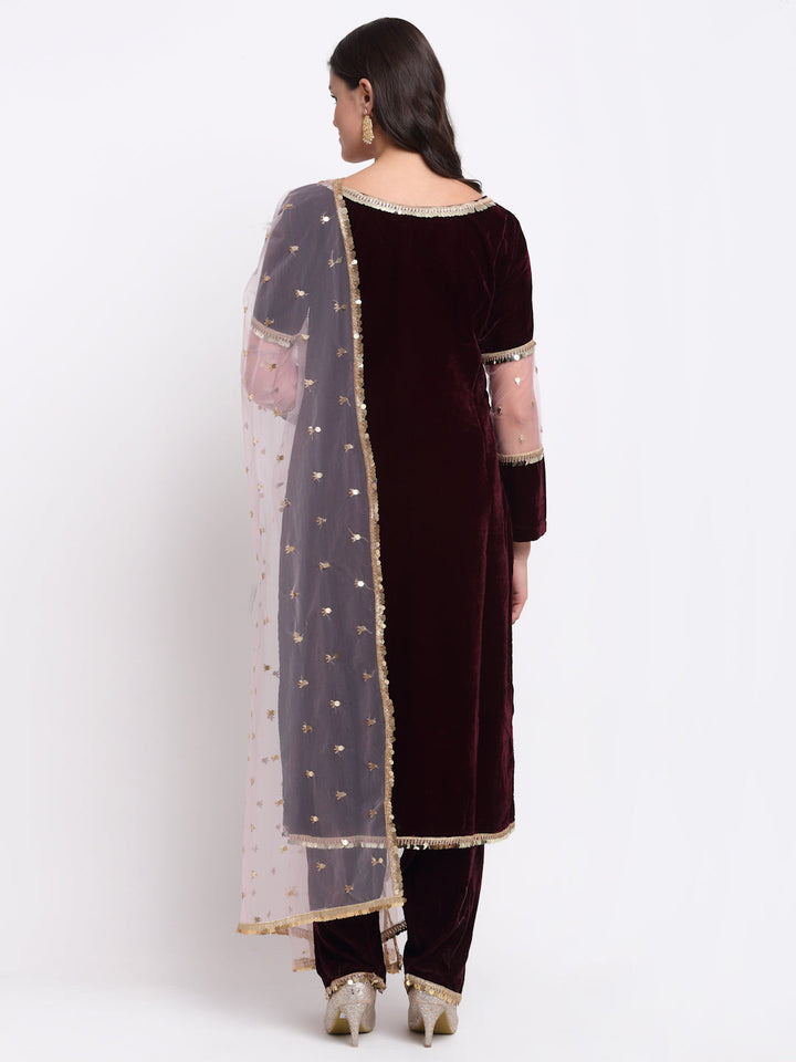 anokherang Combos Wine Sequenced Sleeves Velvet Kurti with Salwar and Blush Pink Dupatta