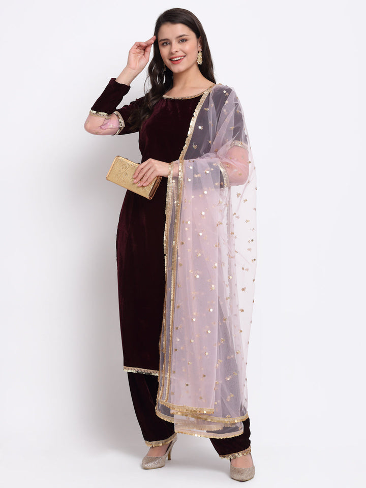 anokherang Combos Wine Sequenced Sleeves Velvet Kurti with Salwar and Blush Pink Dupatta