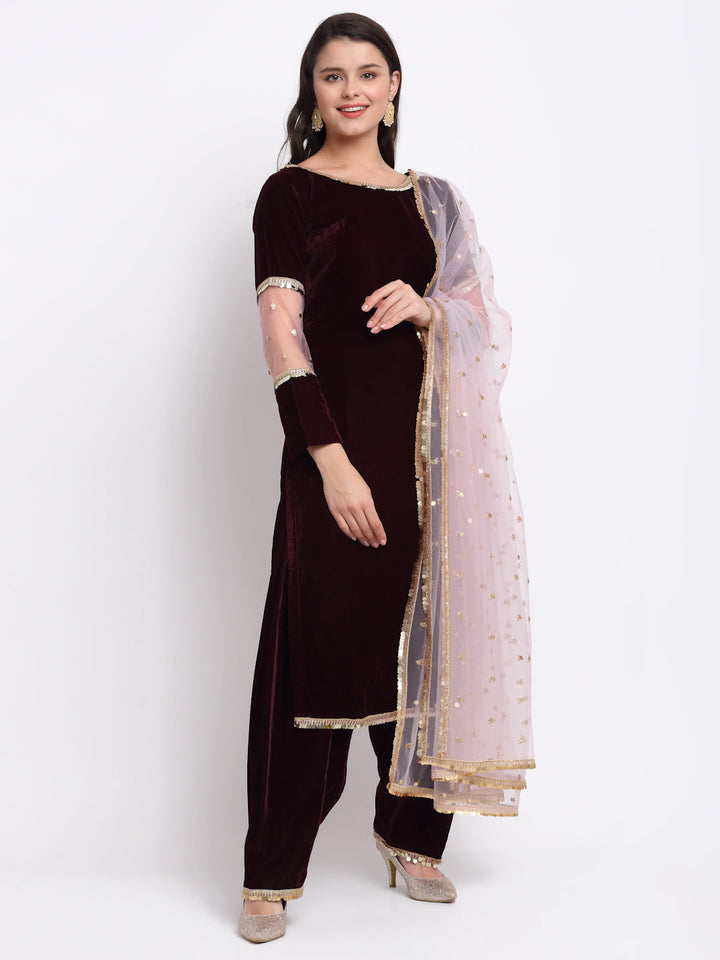 anokherang Combos Wine Sequenced Sleeves Velvet Kurti with Salwar and Blush Pink Dupatta