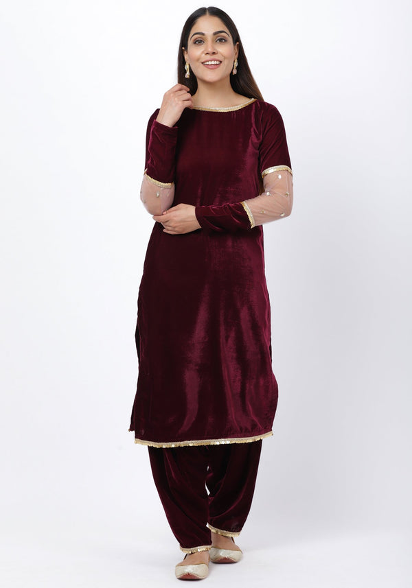 anokherang Combos Wine Velvet kurti with sequins panelled sleeves and velvet salwar