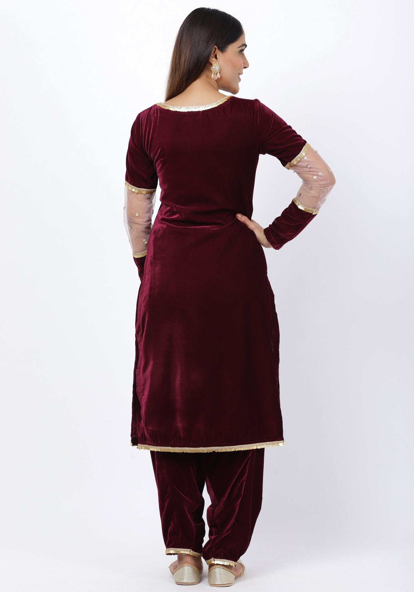 Buy Women Maroon Velvet Sharara With Embroidered Short Kurta (Set Of 2) -  Feed-Kurta-Sets - Indya