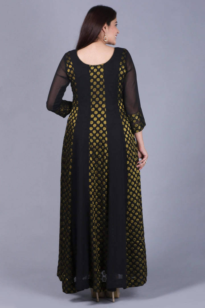 anokherang Combos XS Black and Gold Georgette Banarsi FloorLength Kurti with Black Mirror Stone Dupatta