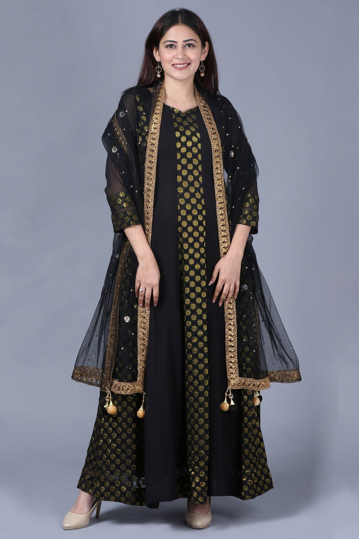 anokherang Combos XS Black and Gold Georgette Banarsi FloorLength Kurti with Black Mirror Stone Dupatta
