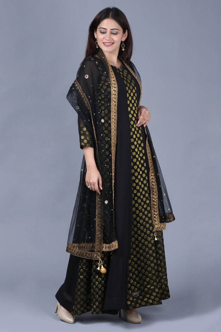 anokherang Combos XS Black and Gold Georgette Banarsi FloorLength Kurti with Black Mirror Stone Dupatta