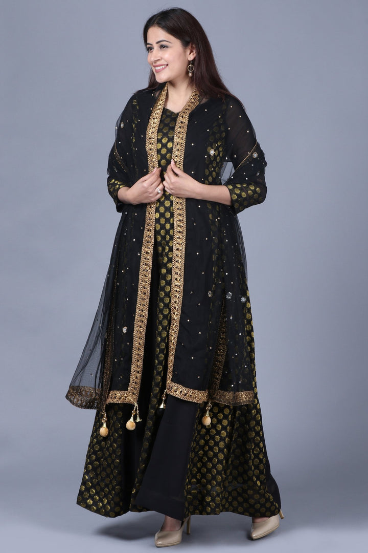 anokherang Combos XS Black and Gold Georgette Banarsi FloorLength Kurti with Black Mirror Stone Dupatta