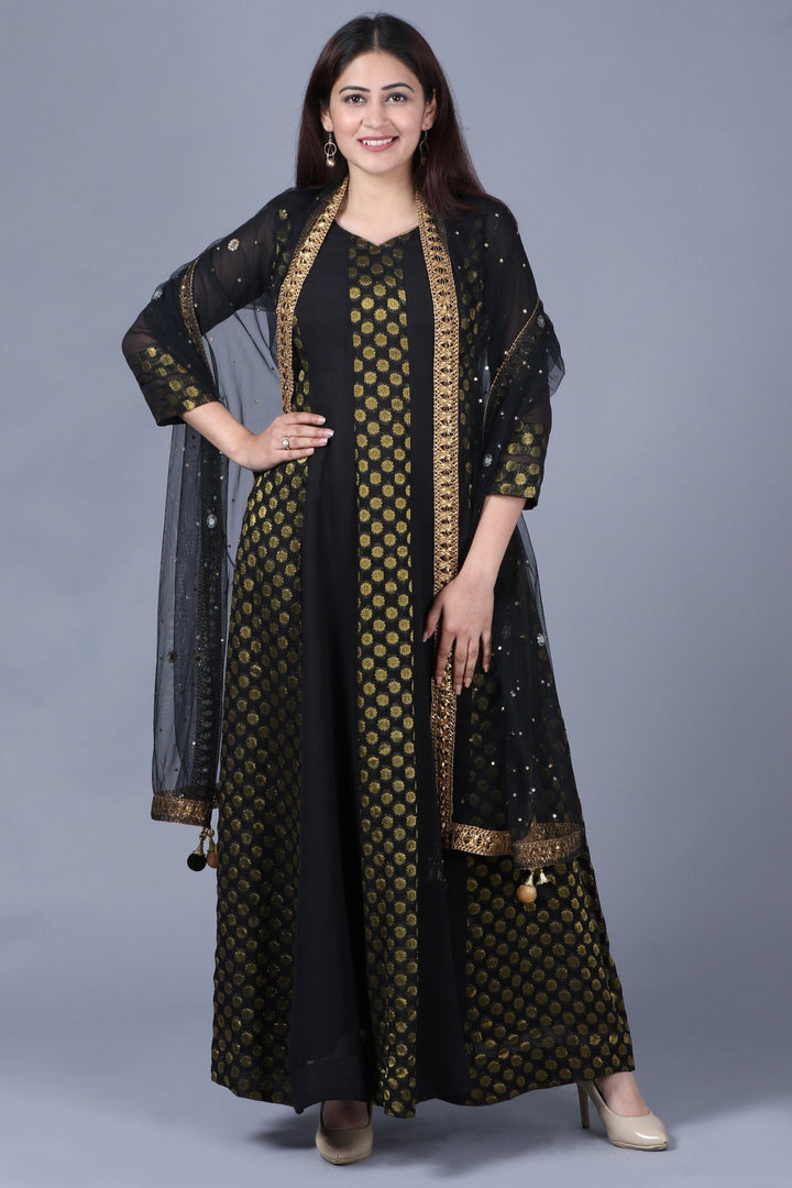 anokherang Combos XS Black and Gold Georgette Banarsi FloorLength Kurti with Black Mirror Stone Dupatta