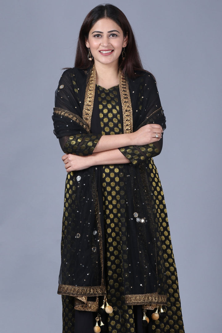anokherang Combos XS Black and Gold Georgette Banarsi FloorLength Kurti with Black Mirror Stone Dupatta