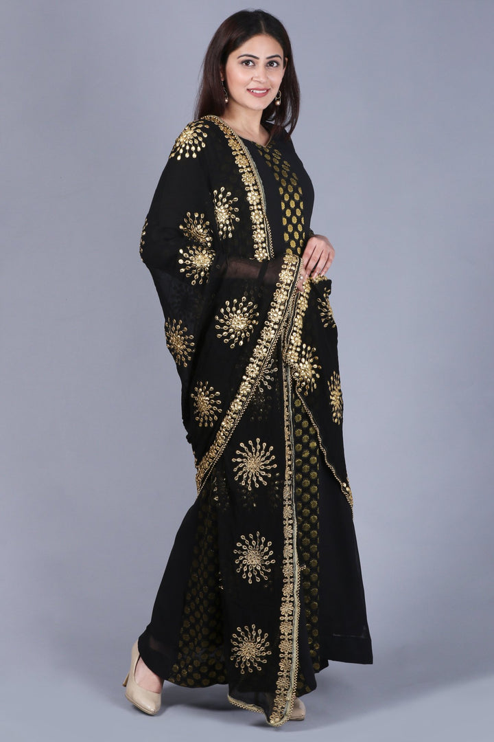 anokherang Combos XS Black Gold Banarsi FloorLength Kurti with Black Gotta Embroidered Dupatta