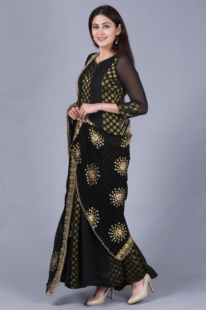 anokherang Combos XS Black Gold Banarsi FloorLength Kurti with Black Gotta Embroidered Dupatta