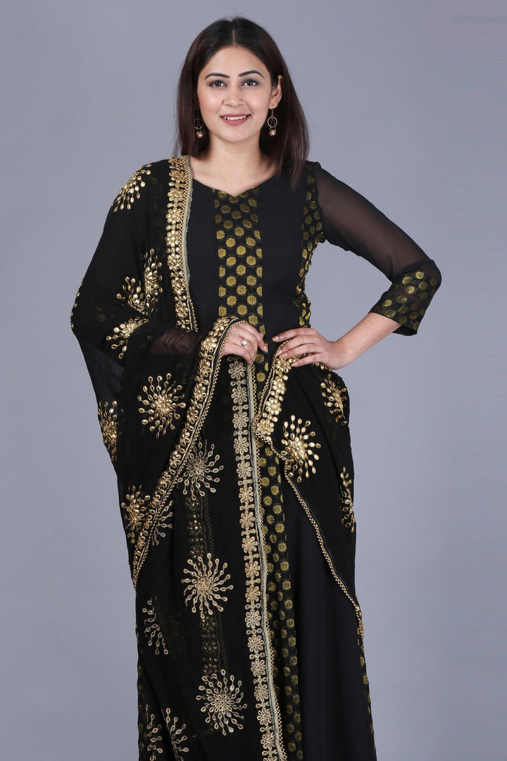 anokherang Combos XS Black Gold Banarsi FloorLength Kurti with Black Gotta Embroidered Dupatta
