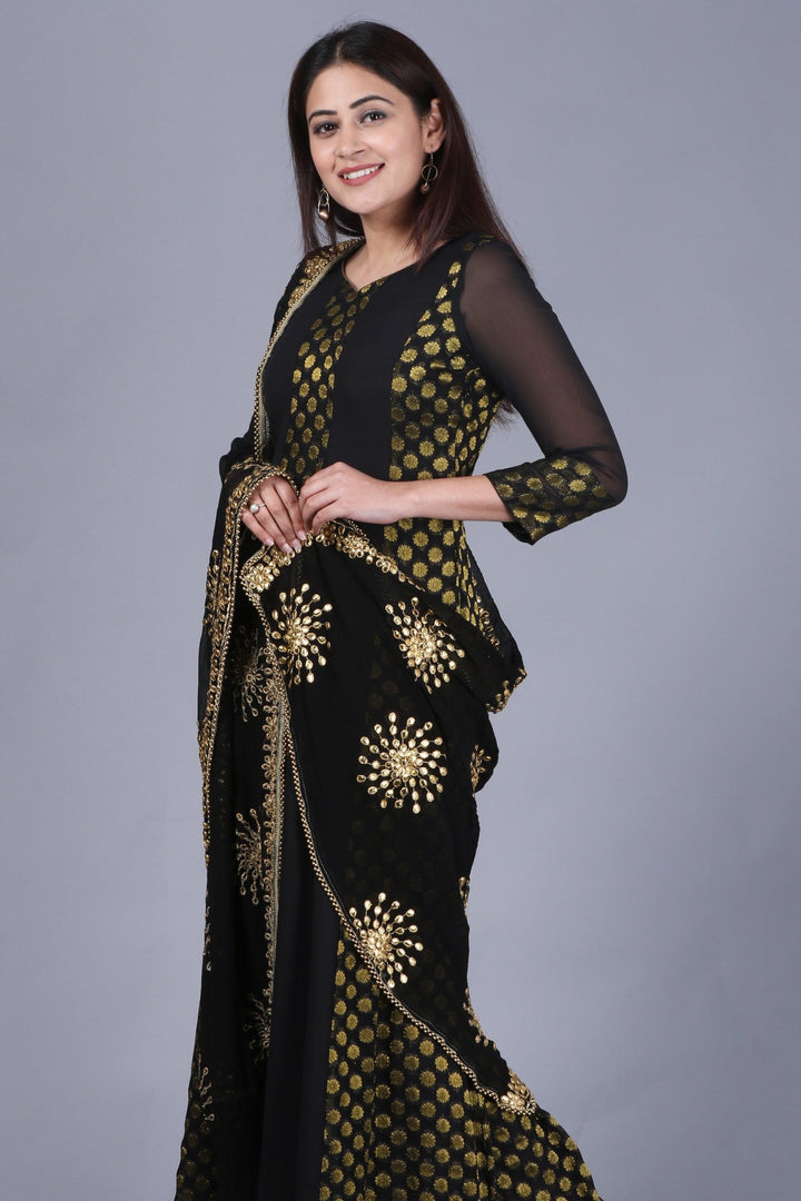 anokherang Combos XS Black Gold Banarsi FloorLength Kurti with Black Gotta Embroidered Dupatta