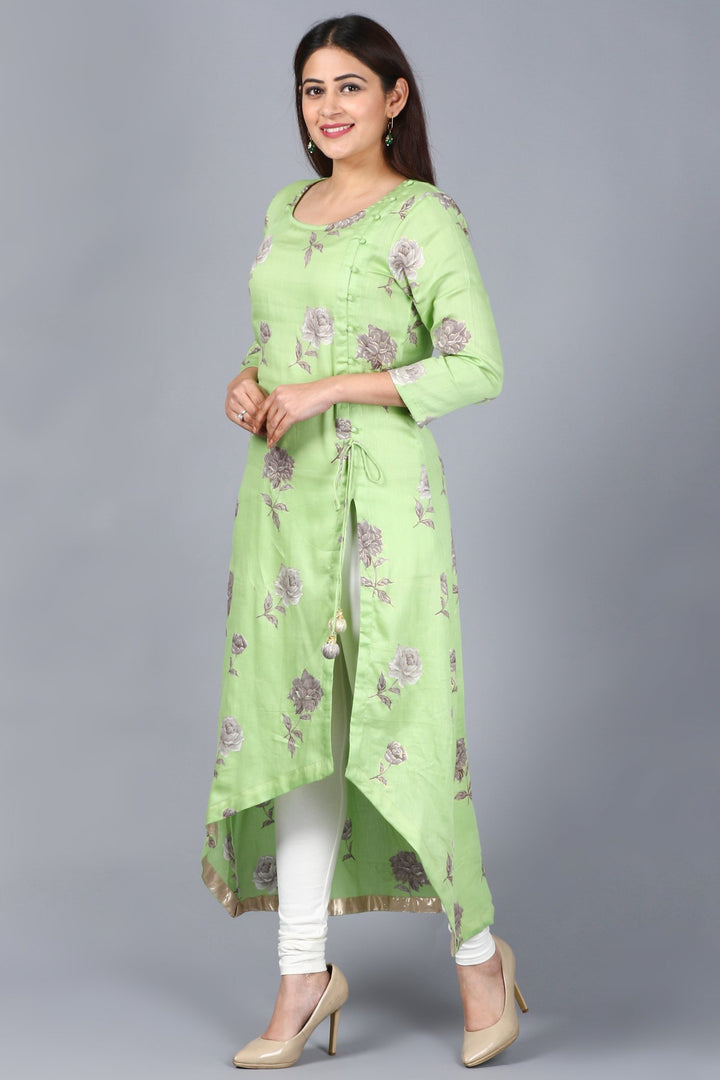 anokherang Combos XS Bold Green Floral Asymmetrical Side Slit Kurti with Churidaar