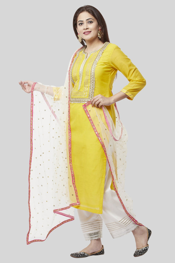 anokherang Combos XS Daffodil Gotta Straight Kurti with Off-White Gotta Palazzo and Off-White Sequenced Dupatta