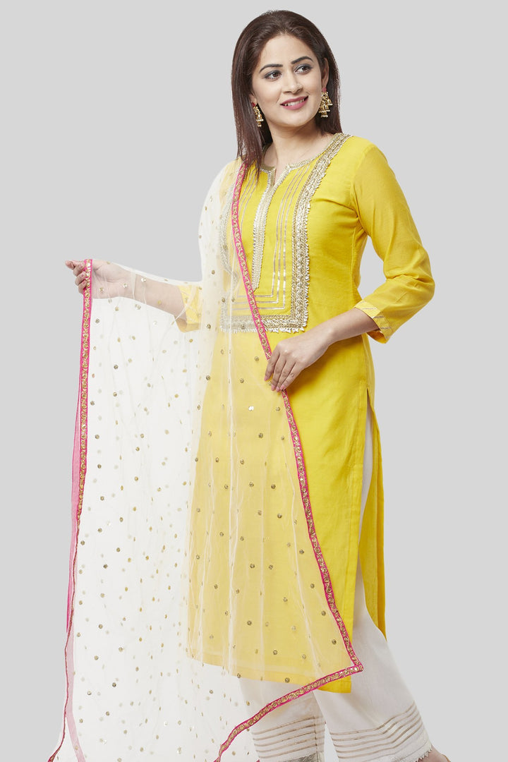anokherang Combos XS Daffodil Gotta Straight Kurti with Off-White Gotta Palazzo and Off-White Sequenced Dupatta