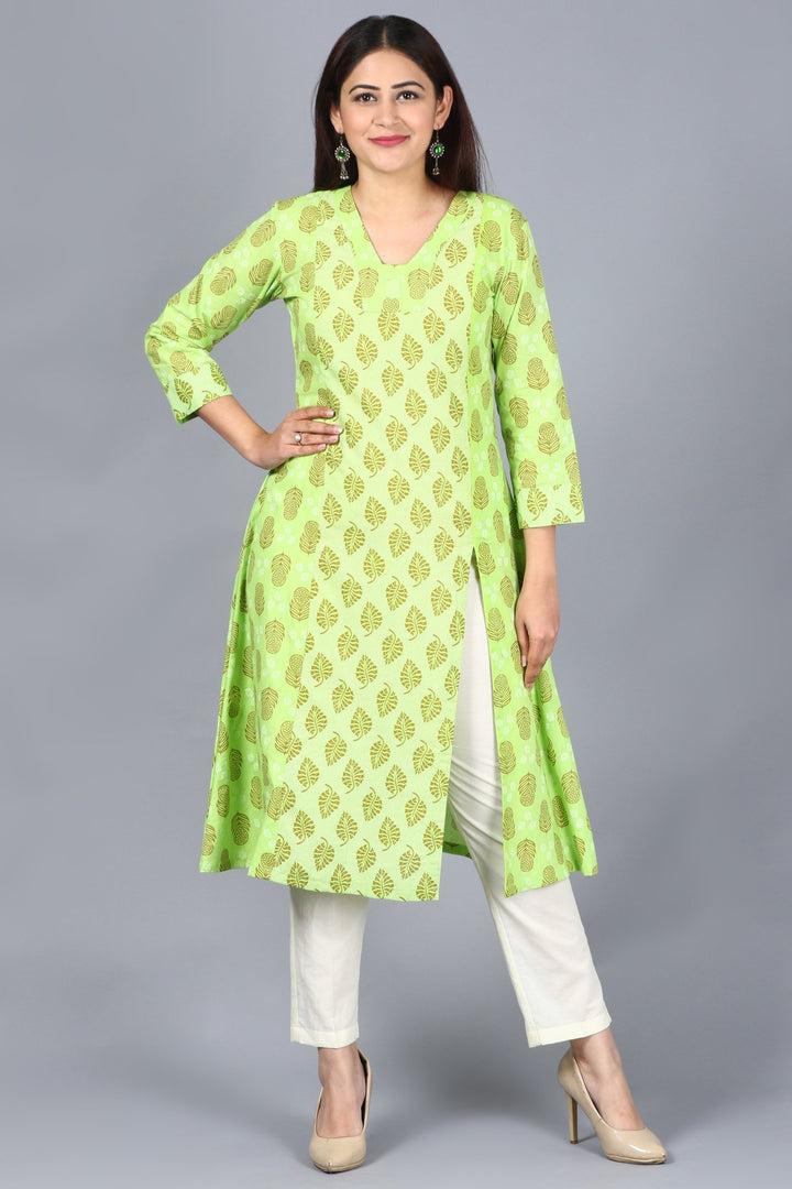 anokherang Combos XS Equally Green Printed A-Line Side Slit Kurti with Off-White Straight Pants
