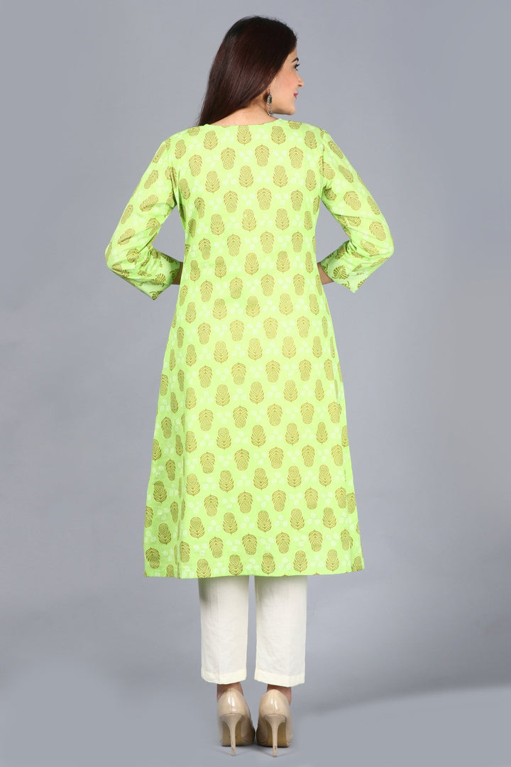 anokherang Combos XS Equally Green Printed A-Line Side Slit Kurti with Off-White Straight Pants