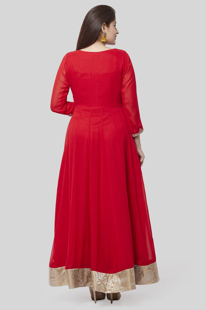 anokherang Combos XS Fiery Red Georgette Floorlength with Gold Floral Sequenced Organza Dupatta