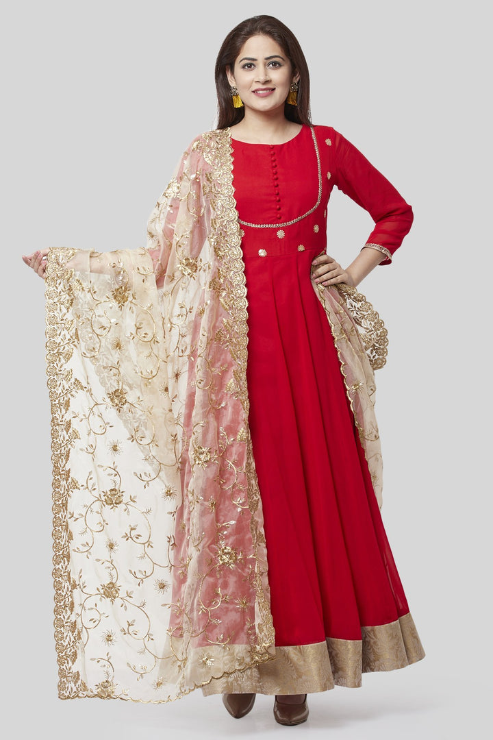 anokherang Combos XS Fiery Red Georgette Floorlength with Gold Floral Sequenced Organza Dupatta