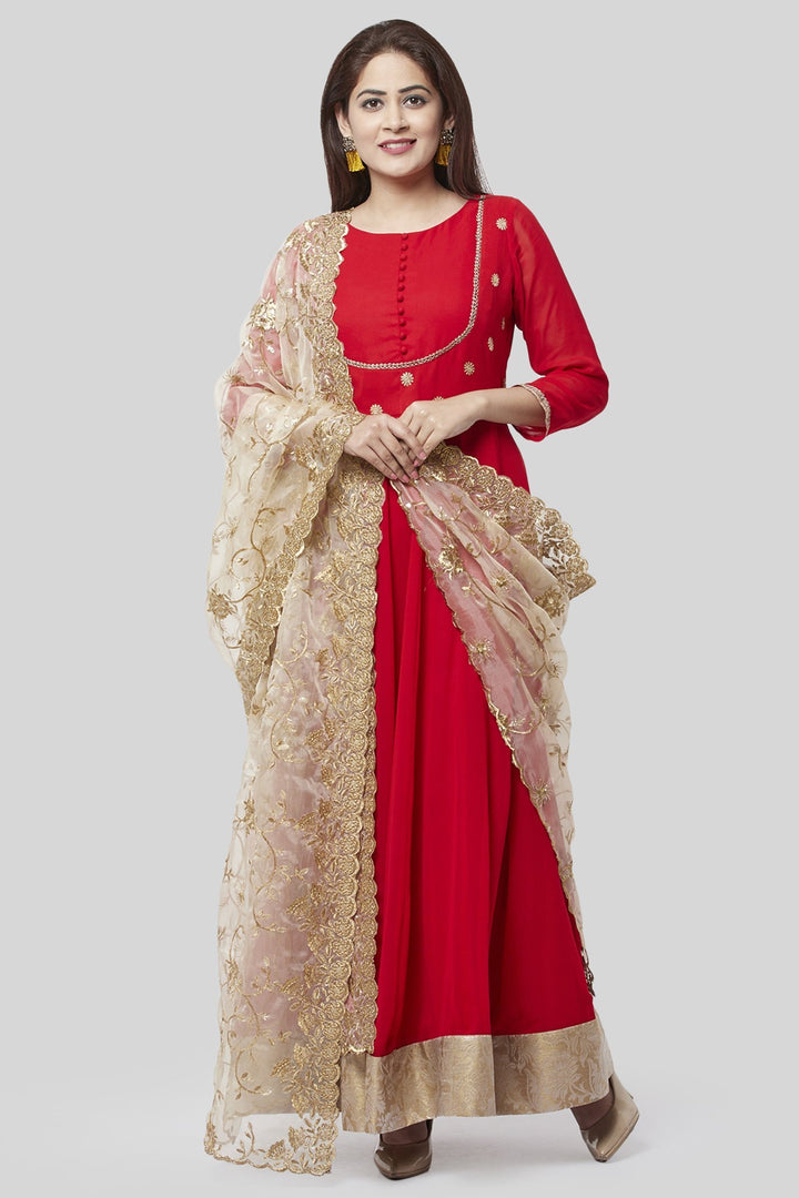 anokherang Combos XS Fiery Red Georgette Floorlength with Gold Floral Sequenced Organza Dupatta