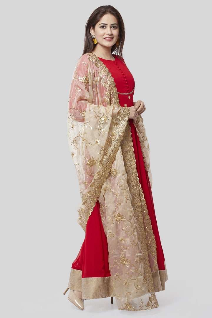 anokherang Combos XS Fiery Red Georgette Floorlength with Gold Floral Sequenced Organza Dupatta