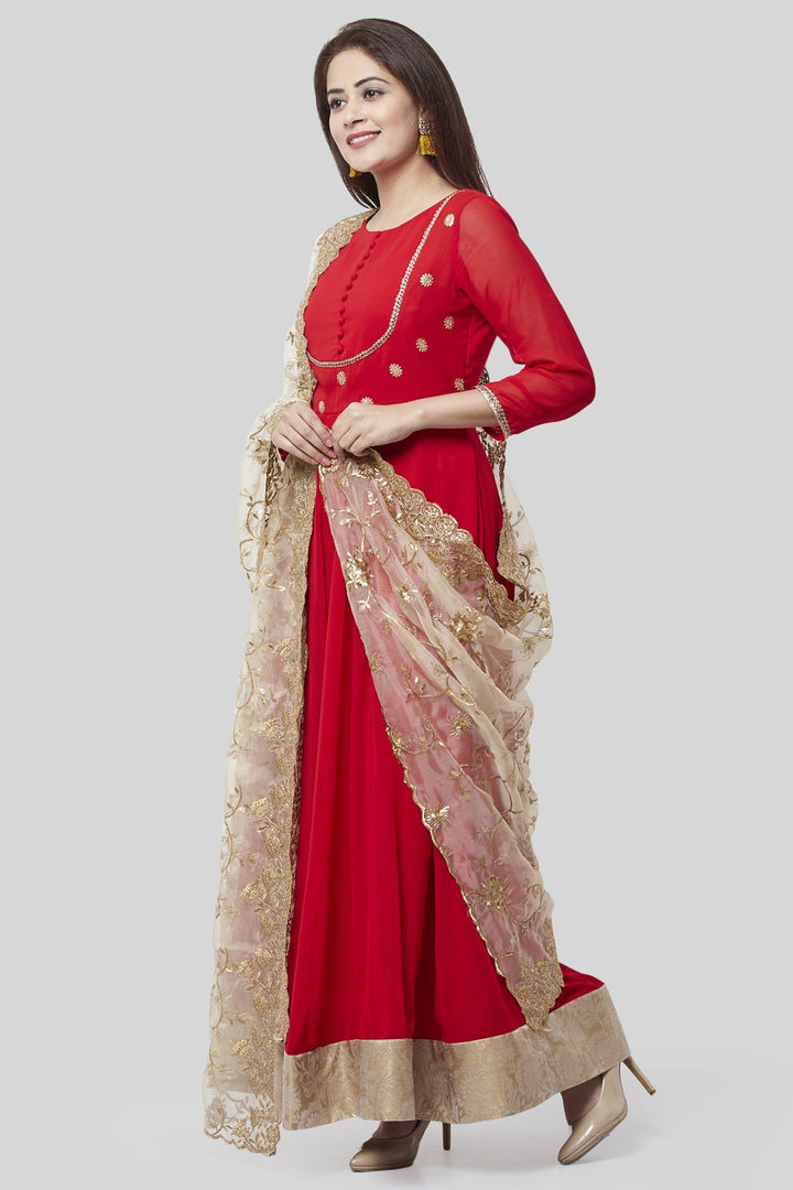 anokherang Combos XS Fiery Red Georgette Floorlength with Gold Floral Sequenced Organza Dupatta
