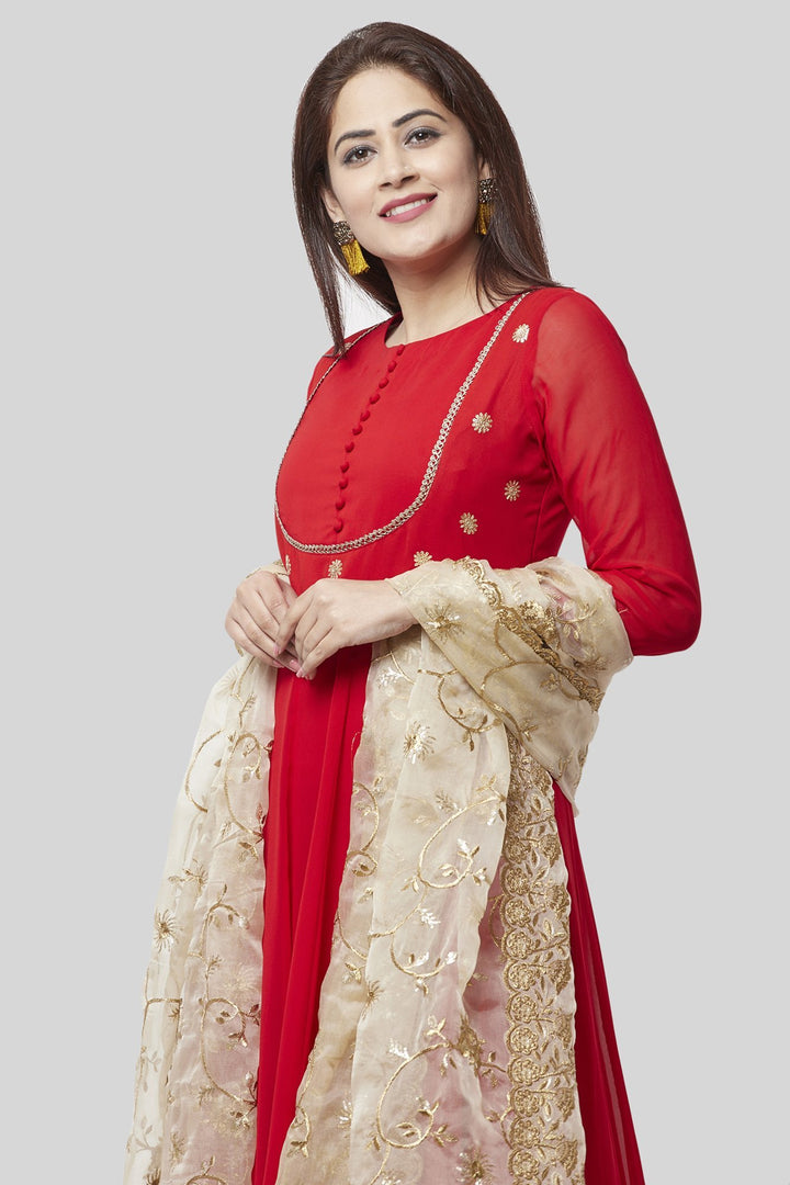 anokherang Combos XS Fiery Red Georgette Floorlength with Gold Floral Sequenced Organza Dupatta
