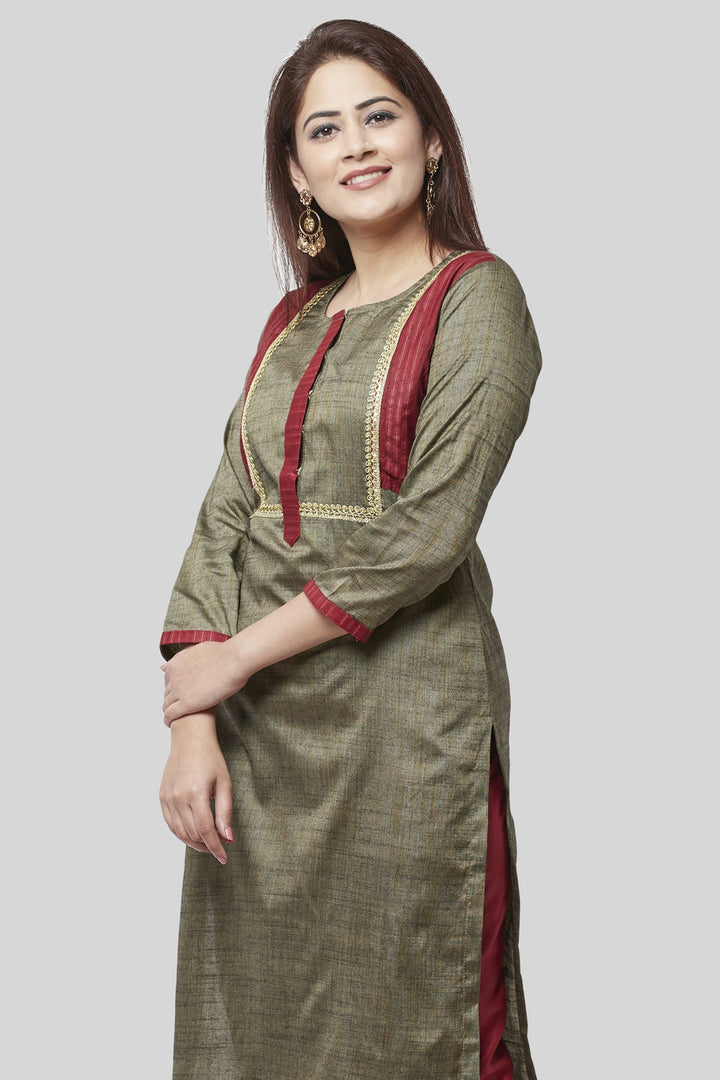 anokherang Combos XS Fire Brick And Sage Green Kurti with Straight Pants