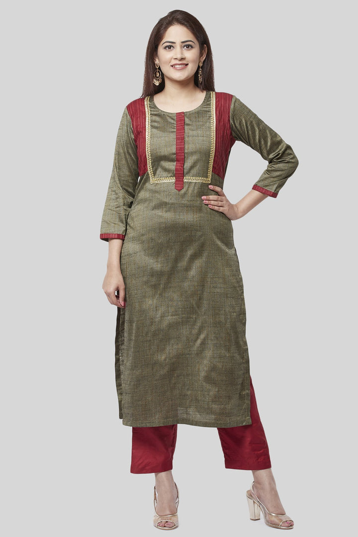 anokherang Combos XS Fire Brick And Sage Green Kurti with Straight Pants