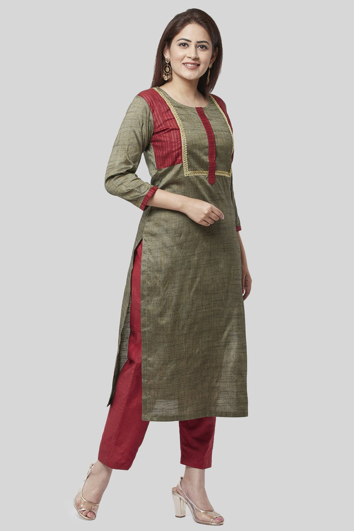anokherang Combos XS Fire Brick And Sage Green Kurti with Straight Pants