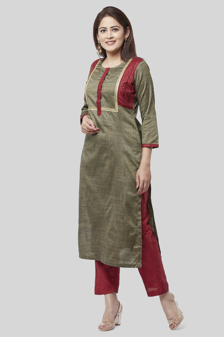 anokherang Combos XS Fire Brick And Sage Green Kurti with Straight Pants