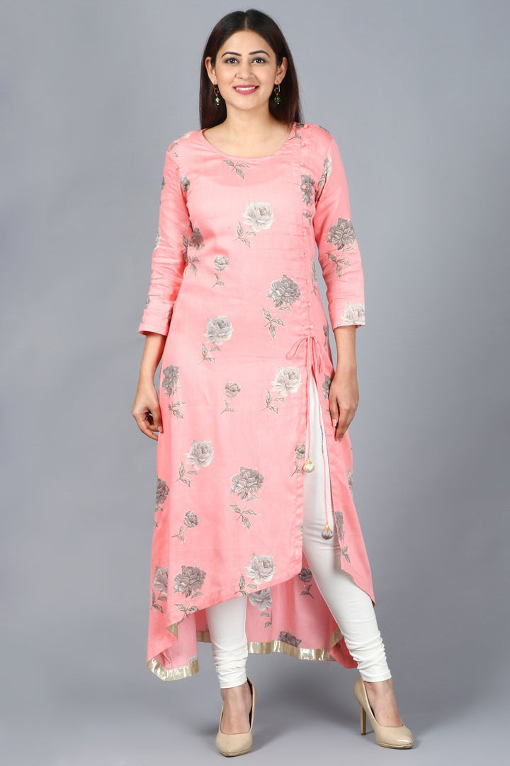 anokherang Combos XS Flamingo Pink Asymmetrical Side Slit Kurti with Churidaar