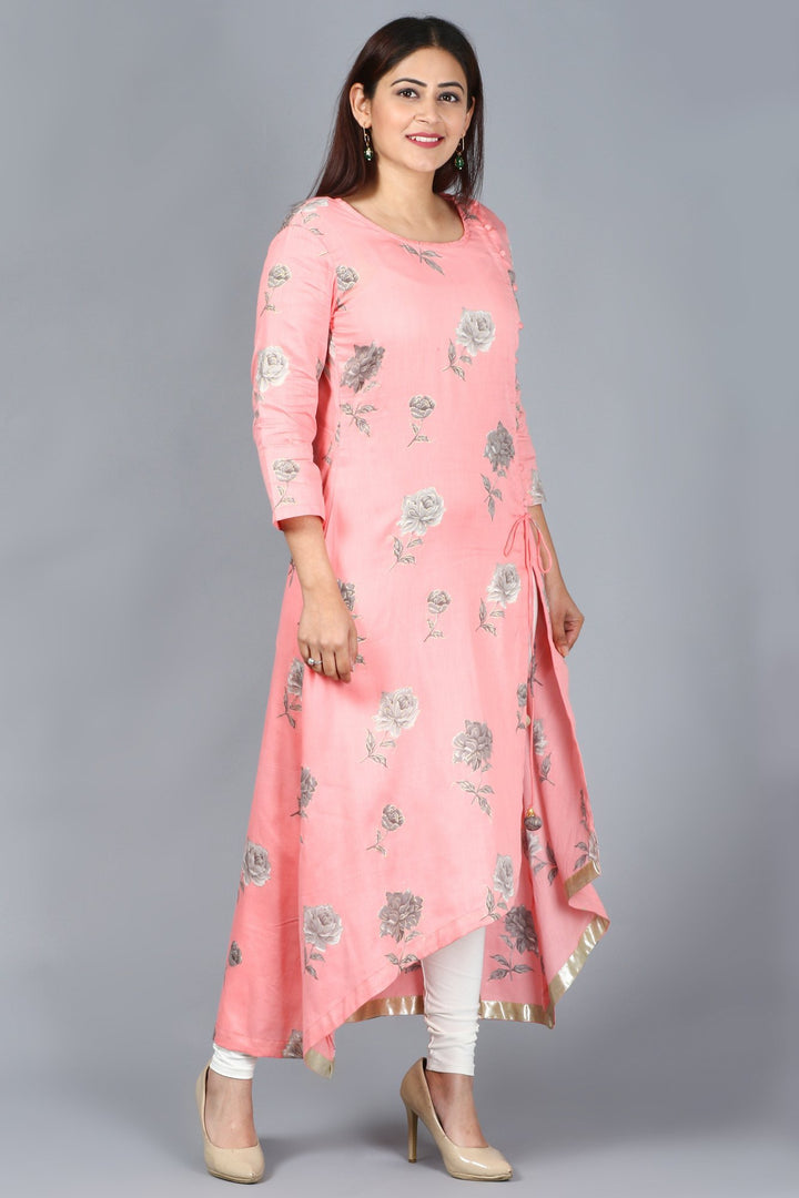 anokherang Combos XS Flamingo Pink Asymmetrical Side Slit Kurti with Churidaar