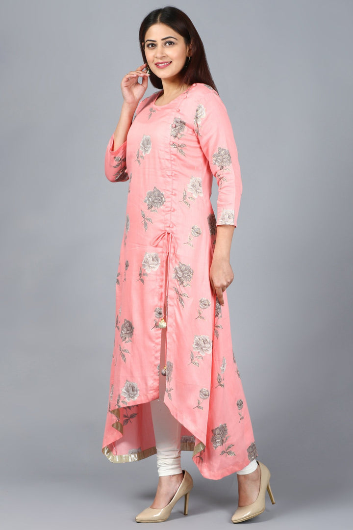 anokherang Combos XS Flamingo Pink Asymmetrical Side Slit Kurti with Churidaar