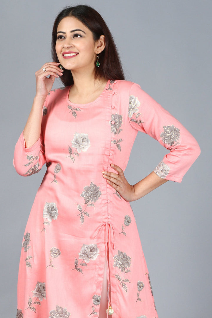 anokherang Combos XS Flamingo Pink Asymmetrical Side Slit Kurti with Churidaar