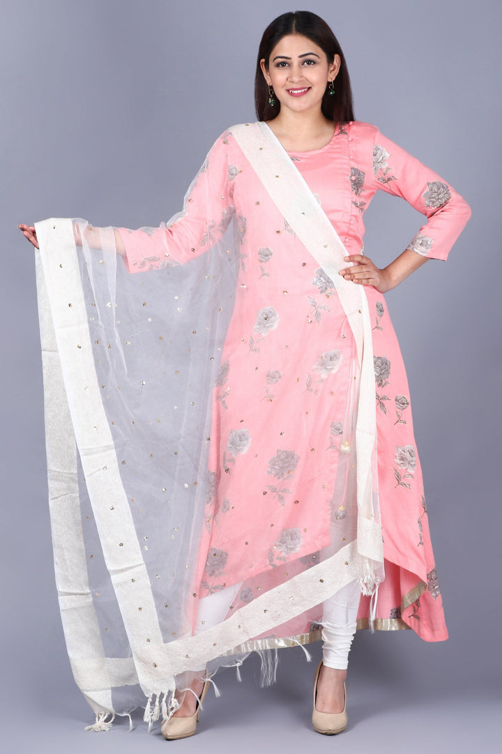 anokherang Combos XS Flamingo Pink Asymmetrical Side Slit Kurti with Churidaar and Net Sequenced Organza Dupatta