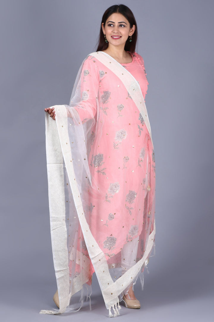 anokherang Combos XS Flamingo Pink Asymmetrical Side Slit Kurti with Churidaar and Net Sequenced Organza Dupatta