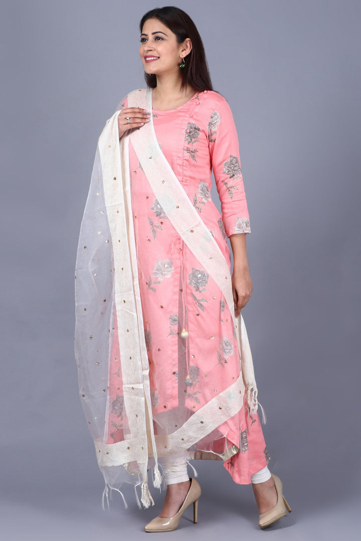 anokherang Combos XS Flamingo Pink Asymmetrical Side Slit Kurti with Churidaar and Net Sequenced Organza Dupatta