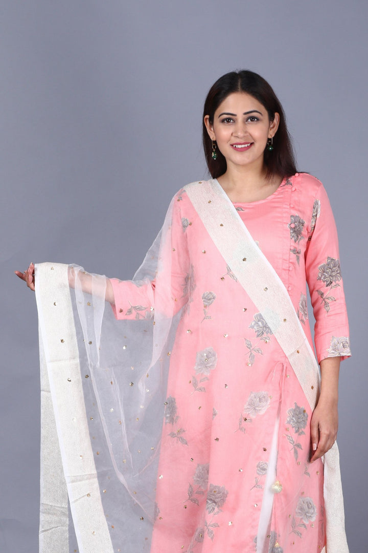 anokherang Combos XS Flamingo Pink Asymmetrical Side Slit Kurti with Churidaar and Net Sequenced Organza Dupatta