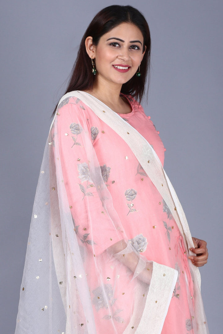 anokherang Combos XS Flamingo Pink Asymmetrical Side Slit Kurti with Churidaar and Net Sequenced Organza Dupatta