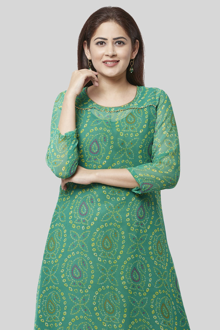 anokherang Combos XS Flying Green Bandhej Gotta Kurti with Off-White Churidaar