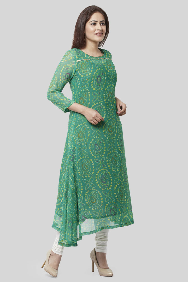 anokherang Combos XS Flying Green Bandhej Gotta Kurti with Off-White Churidaar