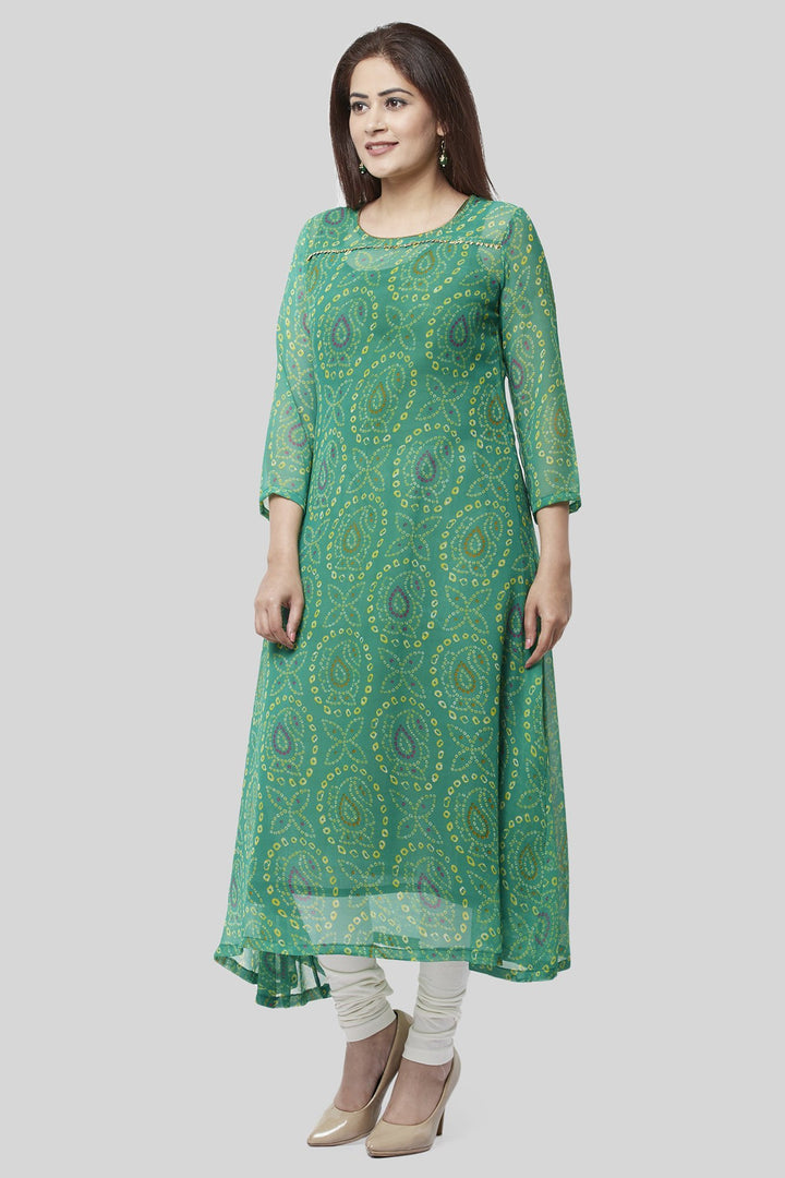 anokherang Combos XS Flying Green Bandhej Gotta Kurti with Off-White Churidaar