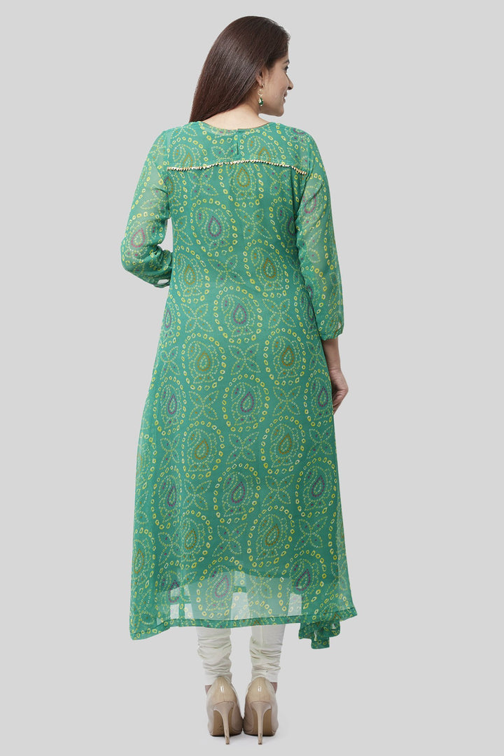 anokherang Combos XS Flying Green Bandhej Gotta Kurti with Off-White Churidaar