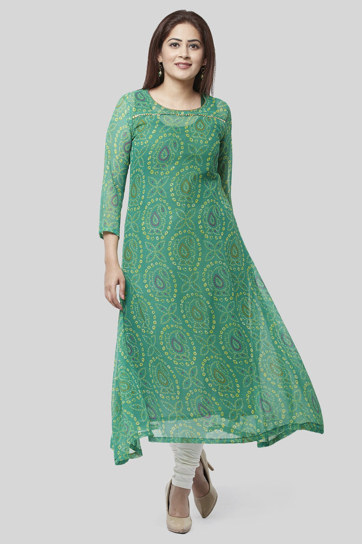 anokherang Combos XS Flying Green Bandhej Gotta Kurti with Off-White Churidaar