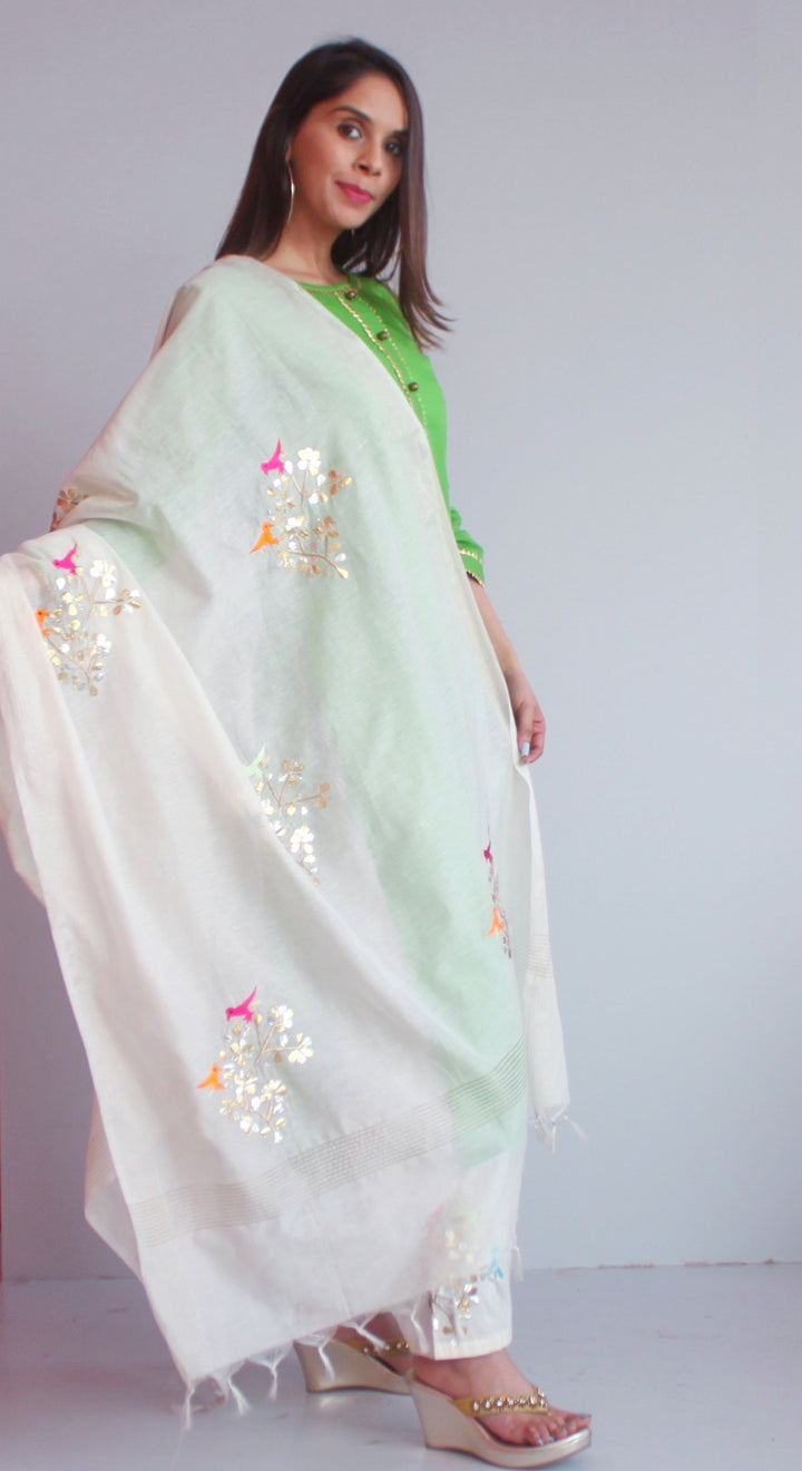 anokherang Combos XS Freedom Green Straight Kurti with Birds Embroidered Palazzo and Off-white Birds Dupatta