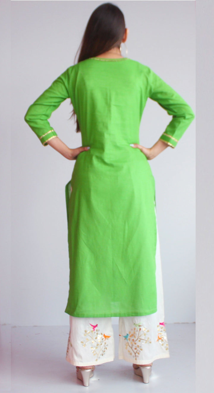 anokherang Combos XS Freedom Green Straight Kurti with Birds Embroidered Palazzo and Off-white Birds Dupatta